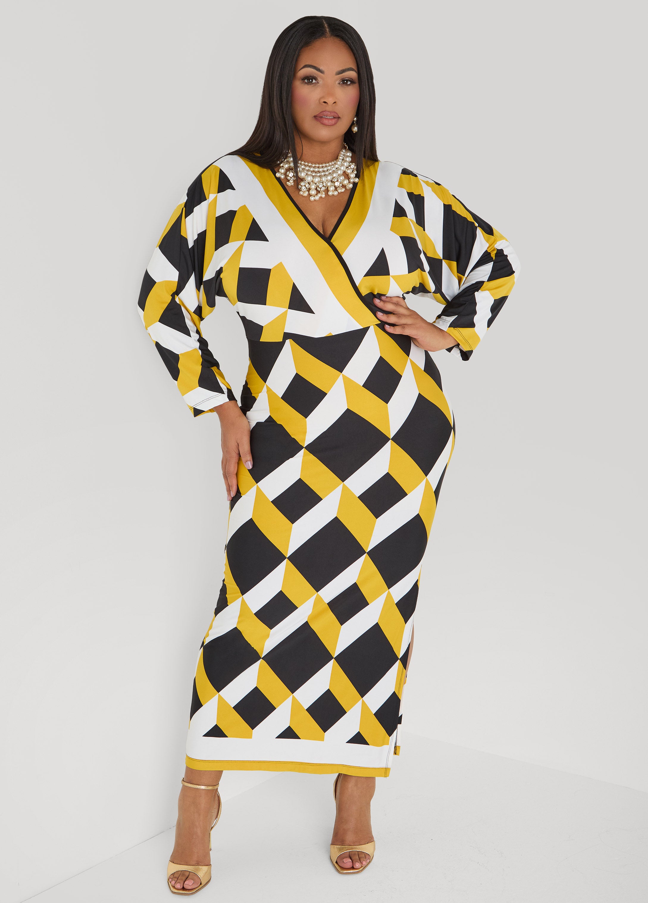 Geo Print Faux Wrap Maxi Dress