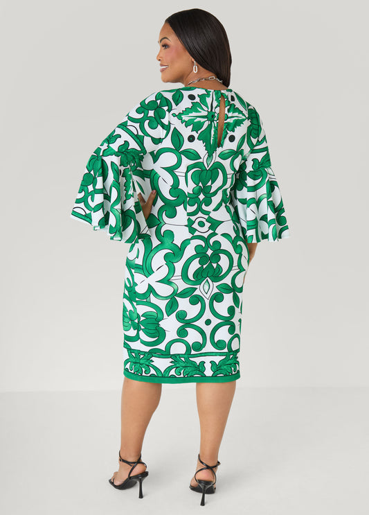 Bell Sleeved Scroll Print Dress