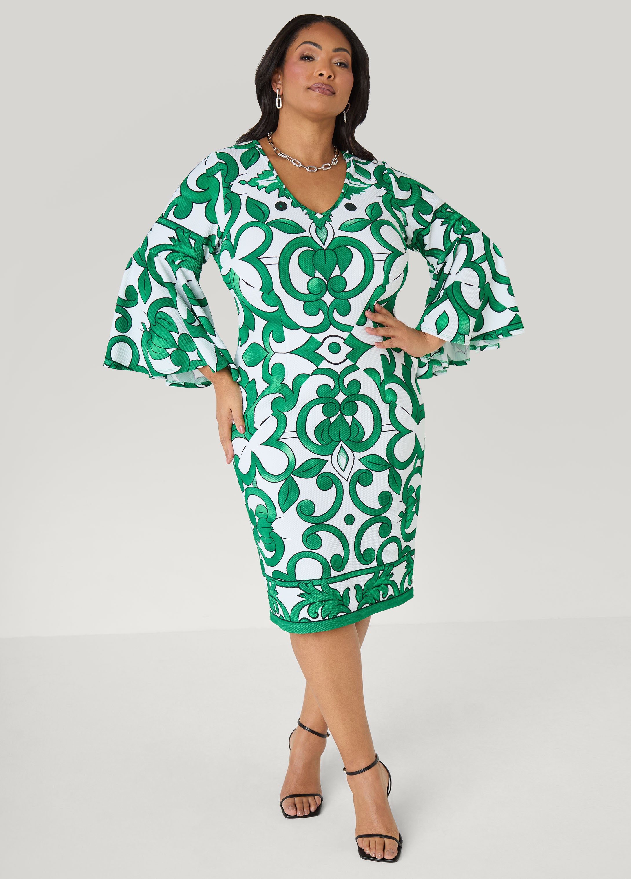 Bell Sleeved Scroll Print Dress