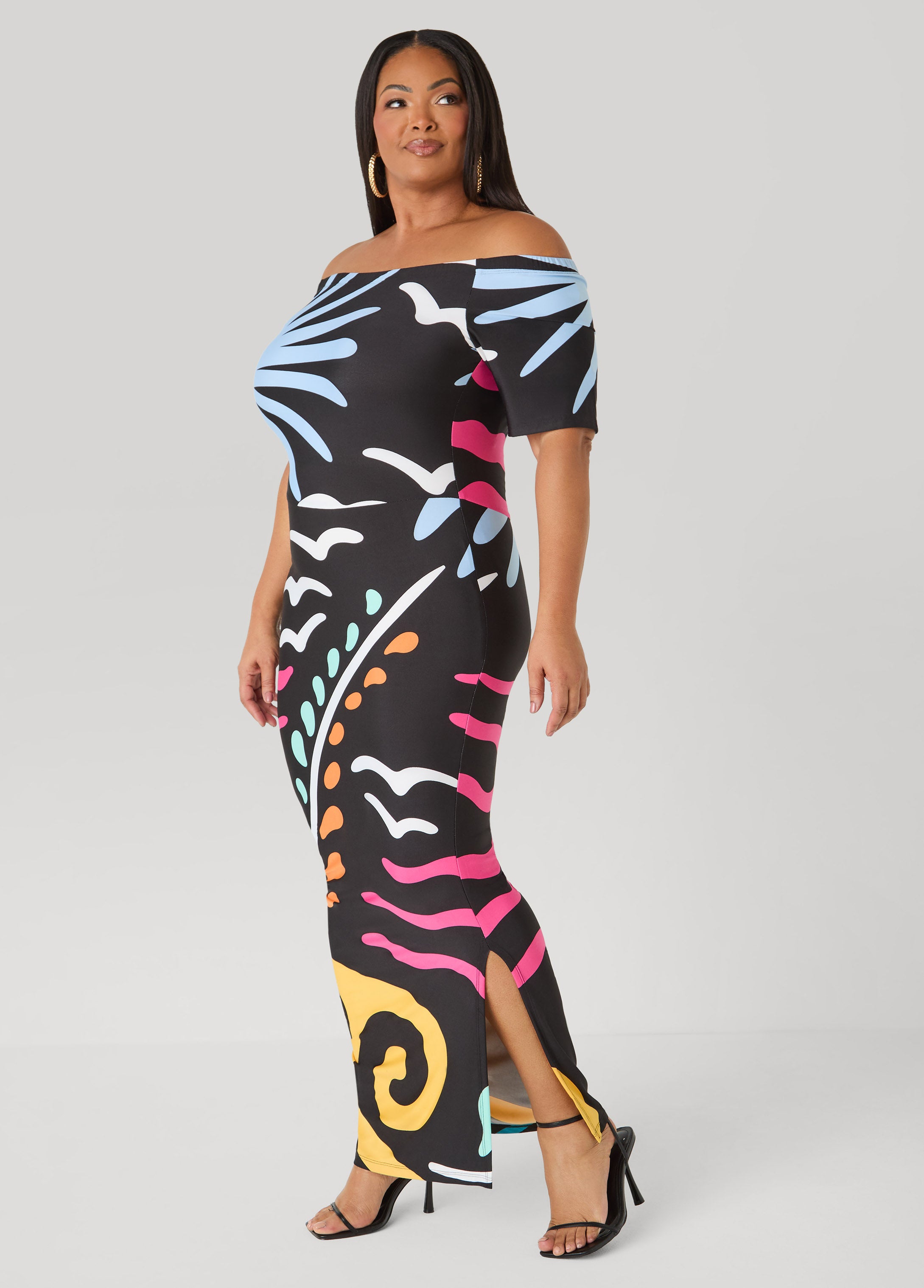 Plus Size Tropical Off The Shoulder Dress, Black Combo, 26/28 - Ashley Stewart Plus Size Tropical Off The Shoulder Dress, Black Combo, 26/28 - Ashley Stewart