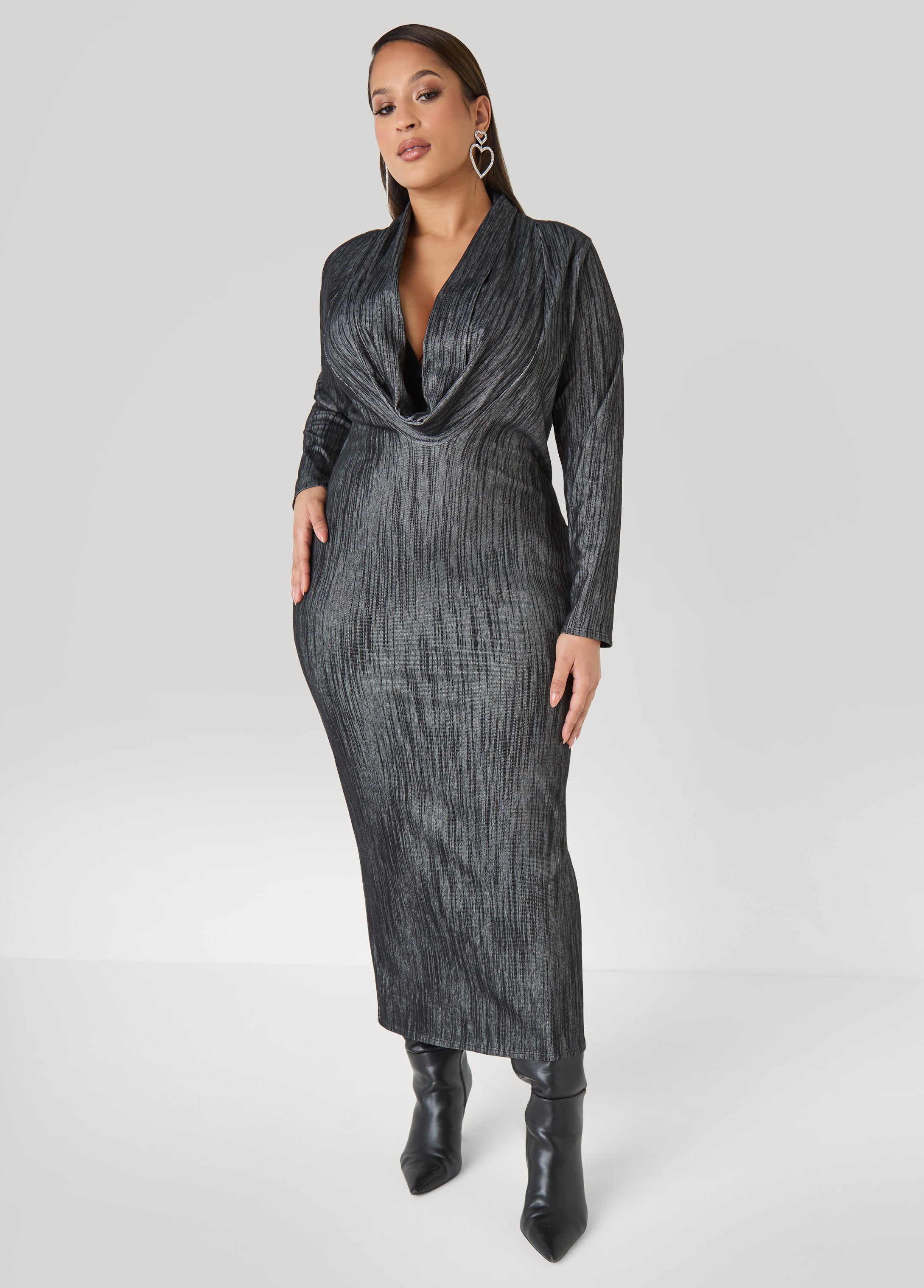 Plus Size Denim Maxi Sexy Evening Cowl Neck Jean Dress	