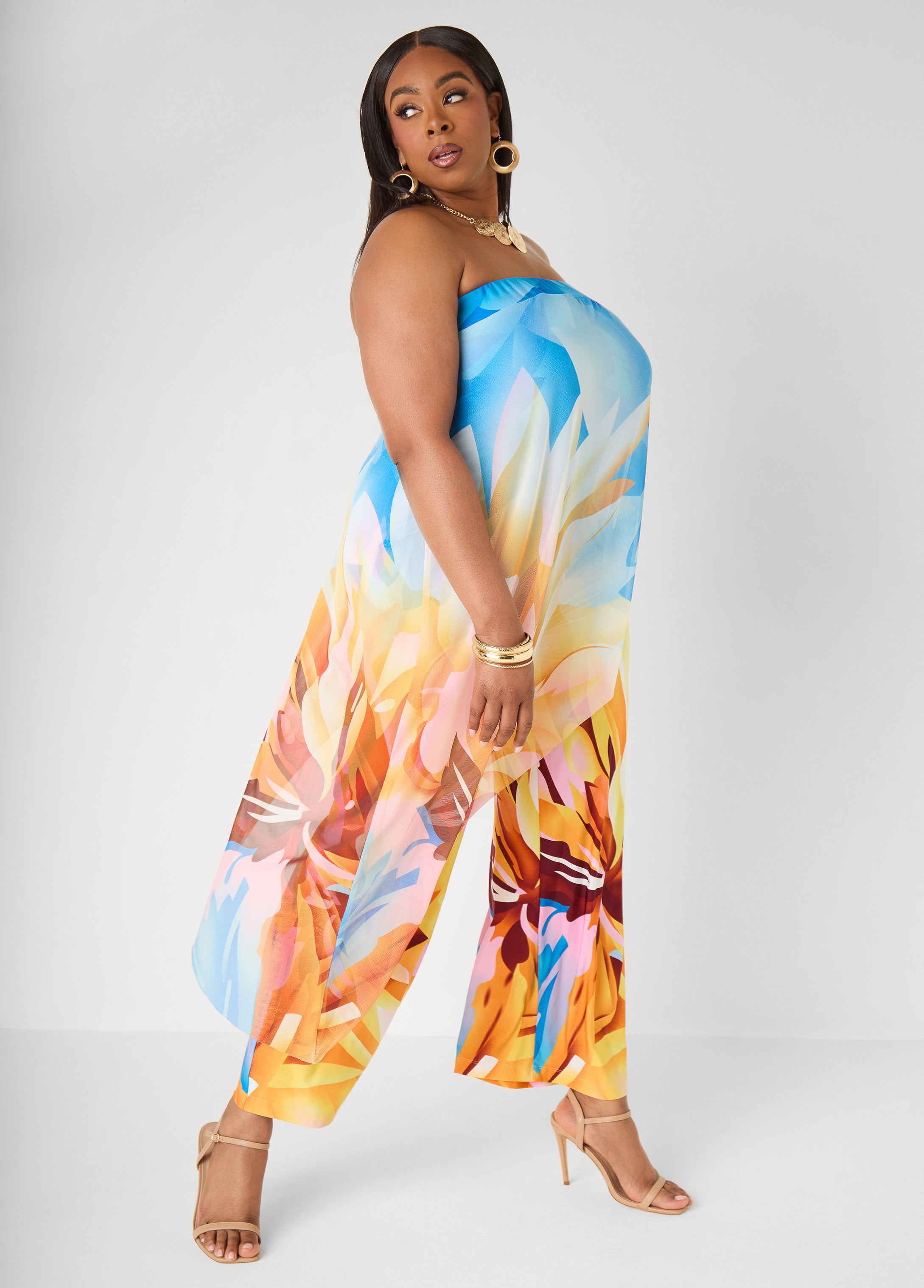 Plus Size Bandeau Jumpsuit Strapless Floral Mesh Summer Jumpsuit