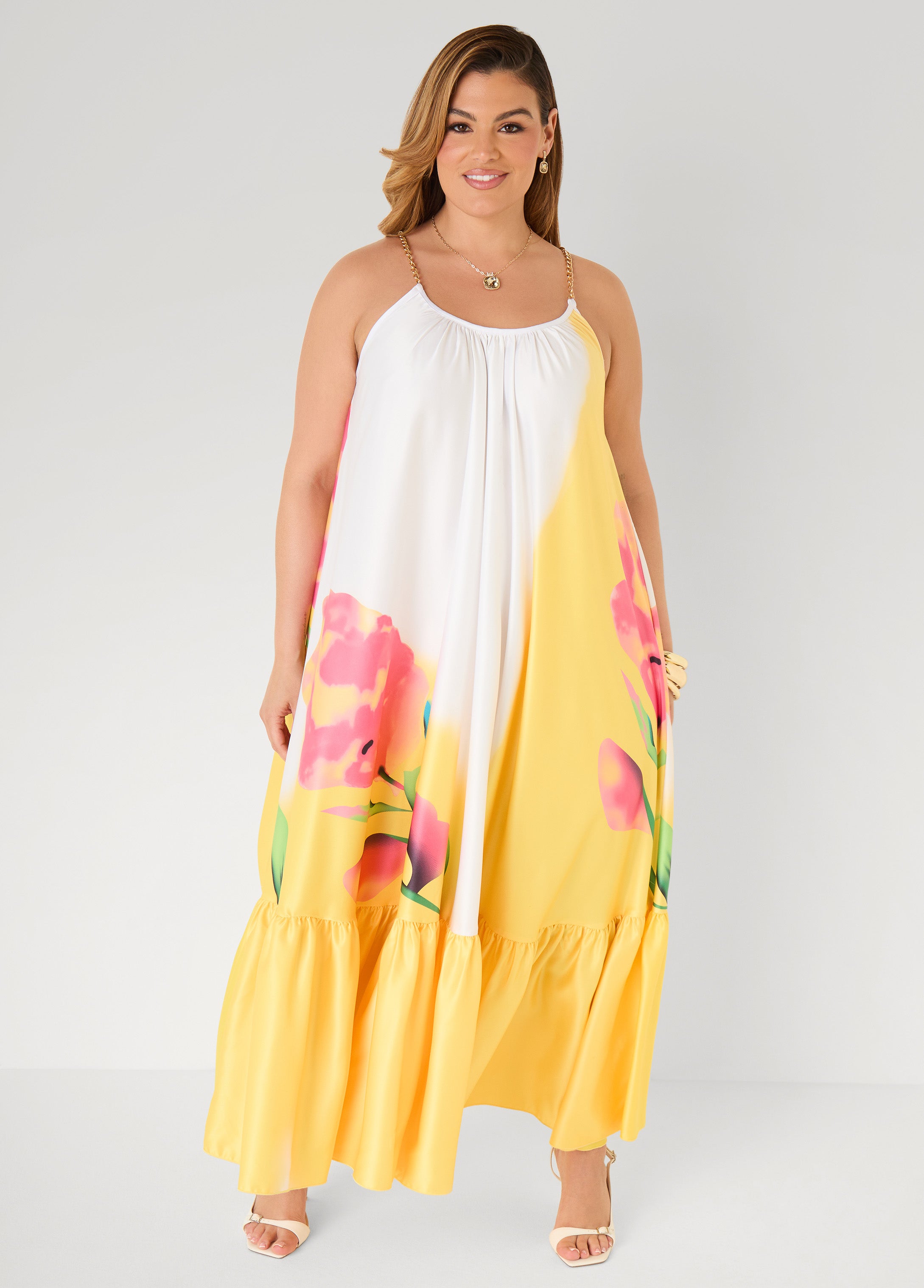Plus Size Chain Trimmed Floral Maxi Dress, Primrose Yellow, 30/32 Plus Size Chain Trimmed Floral Maxi Dress, Primrose Yellow, 30/32