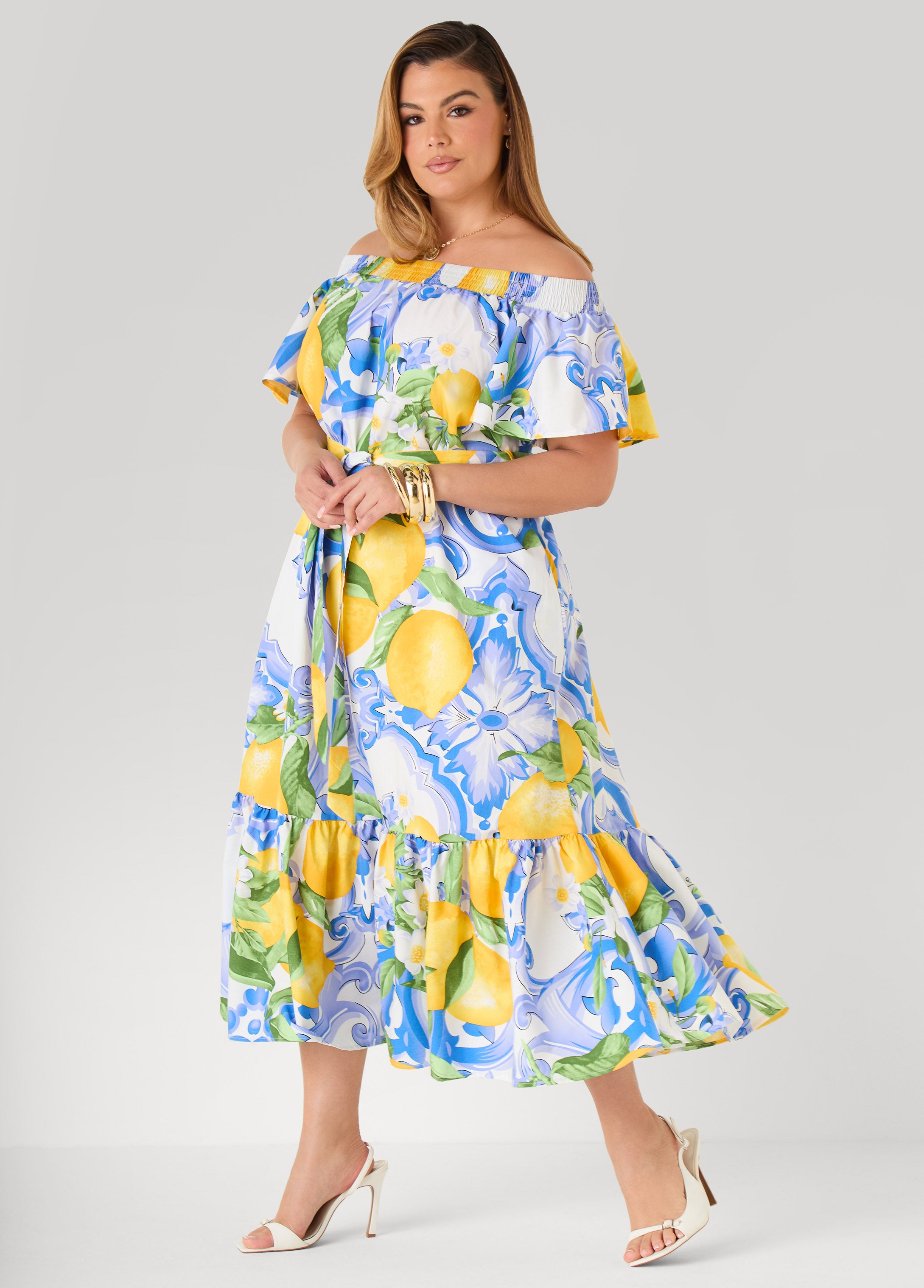 Plus Size Off The Shoulder Lemon Print Dress, Victoria Blue, 22/24 - Ashley Stewart Plus Size Off The Shoulder Lemon Print Dress, Victoria Blue, 22/24 - Ashley Stewart