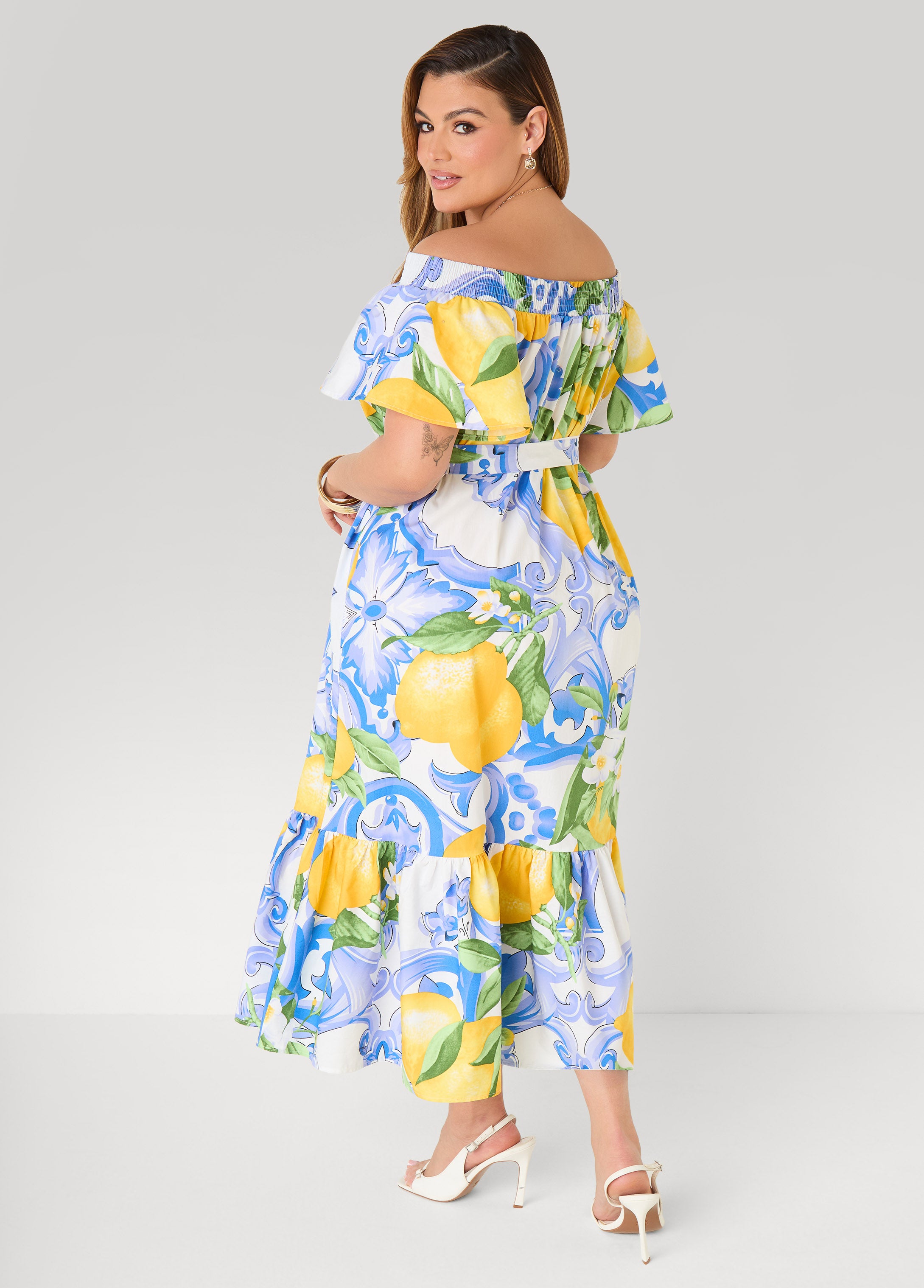 Plus Size Off The Shoulder Lemon Print Dress, Victoria Blue, 22/24 Plus Size Off The Shoulder Lemon Print Dress, Victoria Blue, 22/24