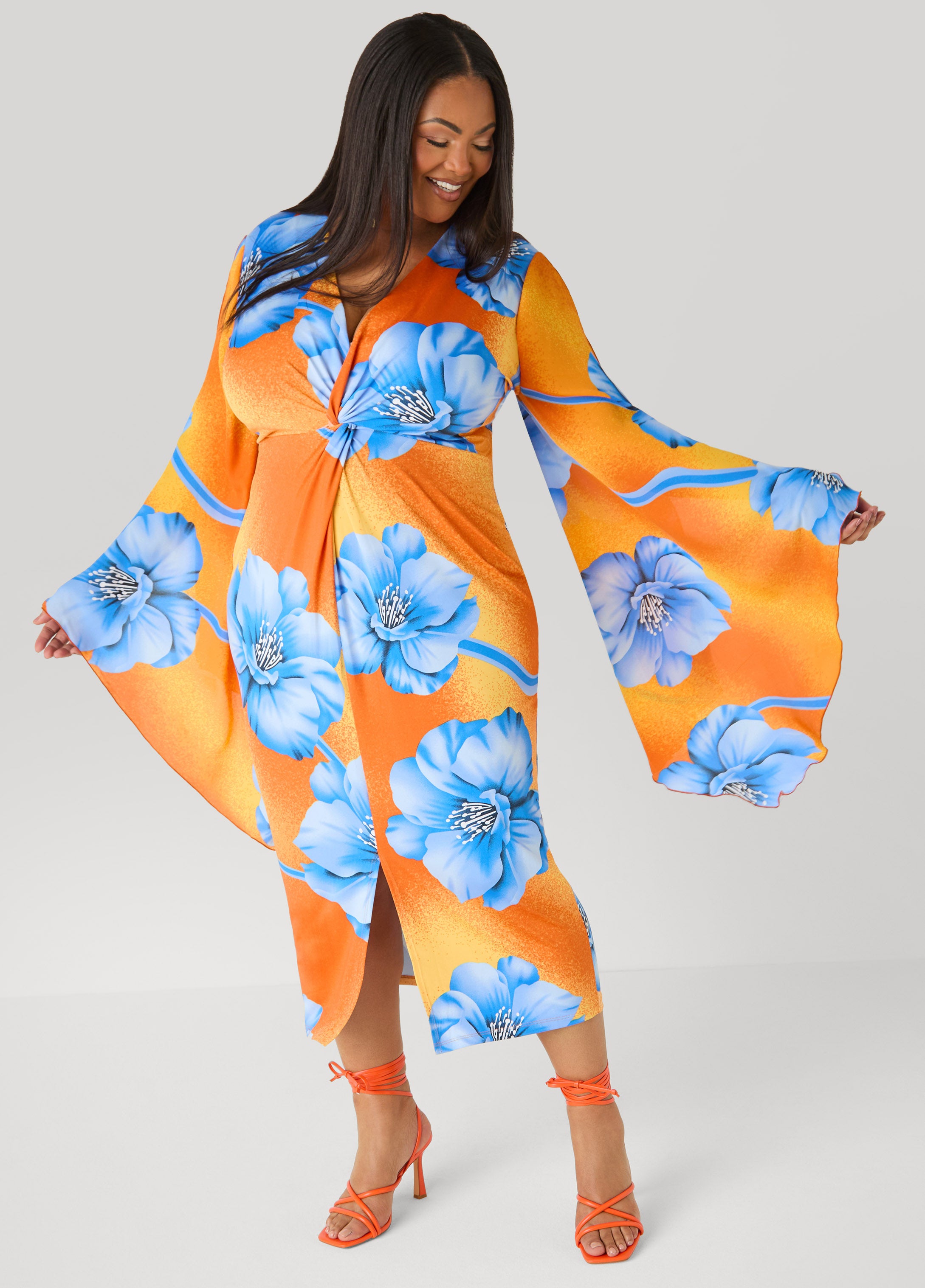 tropical print maxi dress Plus Size Split Sleeve Tropical Print Dress, Persimmon Orange, 14/16