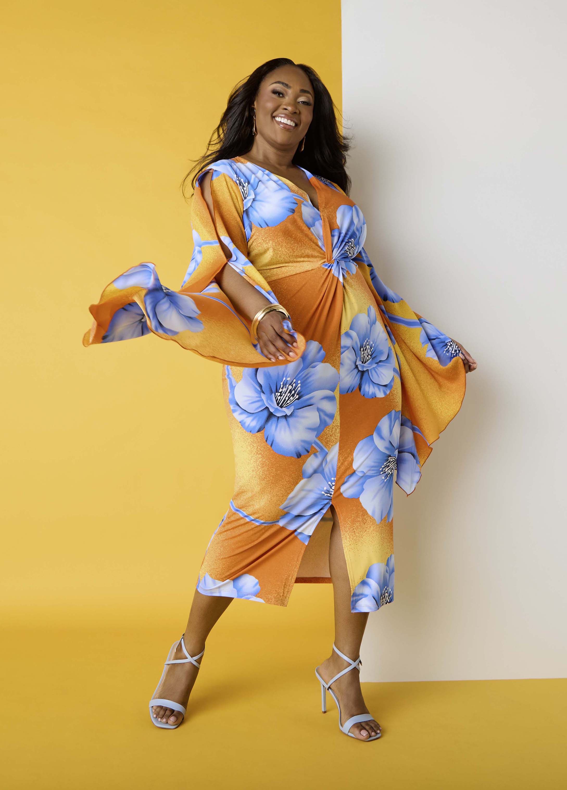 Plus Size Split Sleeve Tropical Print Dress, Persimmon Orange, 14/16 Plus Size Split Sleeve Tropical Print Dress, Persimmon Orange, 14/16