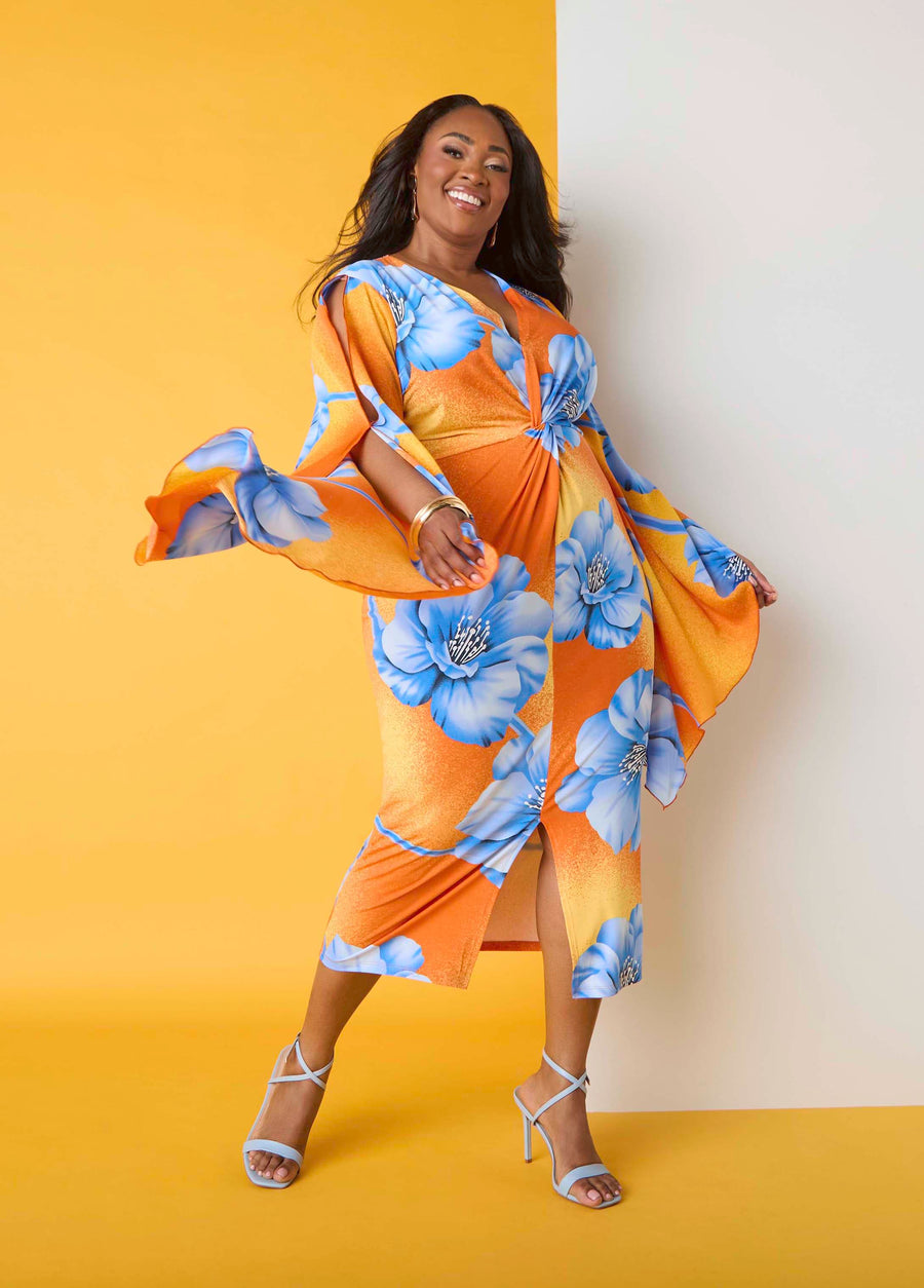 Plus Size Tropical Print Split Drama Sleeve Party Summer Maxi Dress