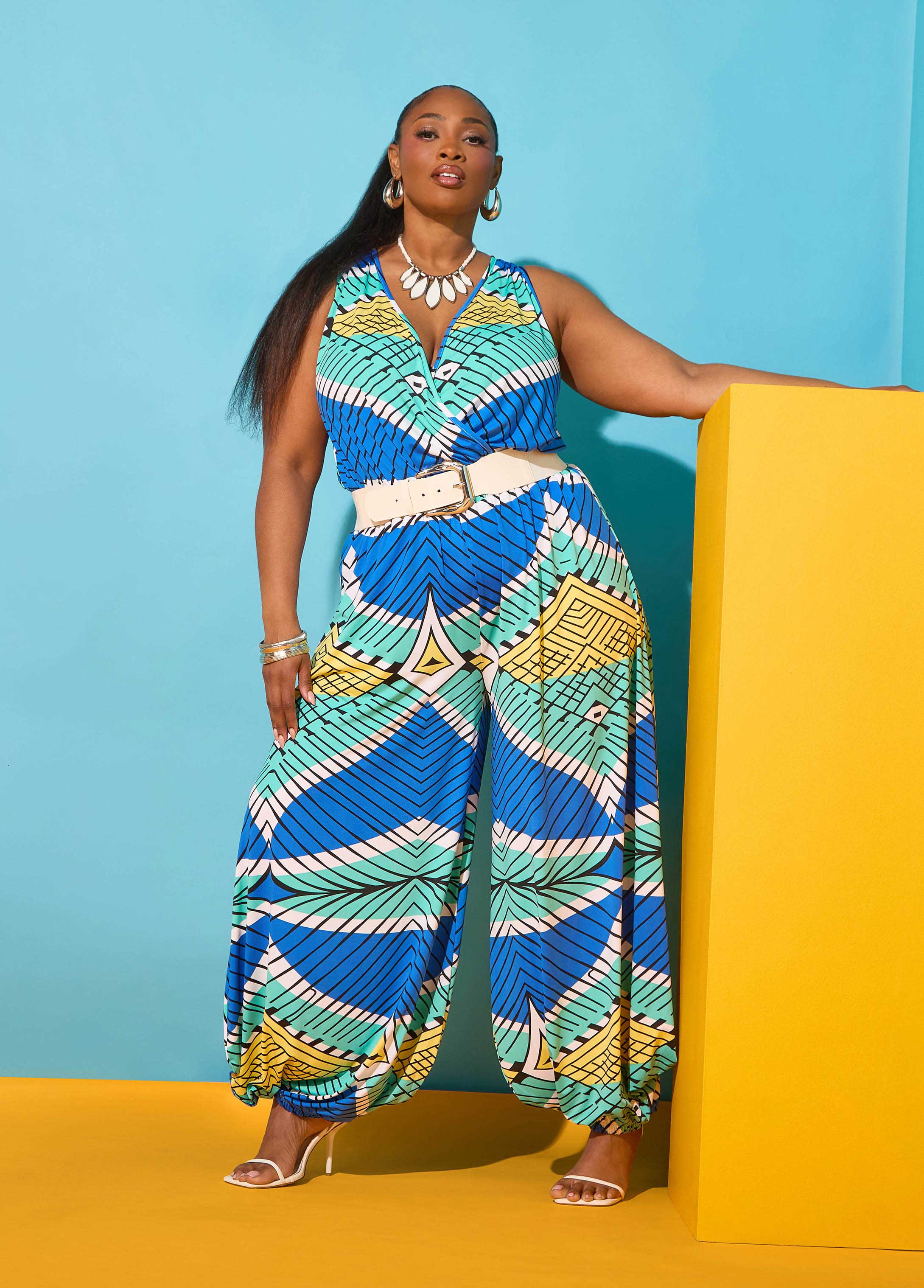 Plus Size Wrap Wide Leg Printed Jersey Knit Sleeveless Jumpsuit