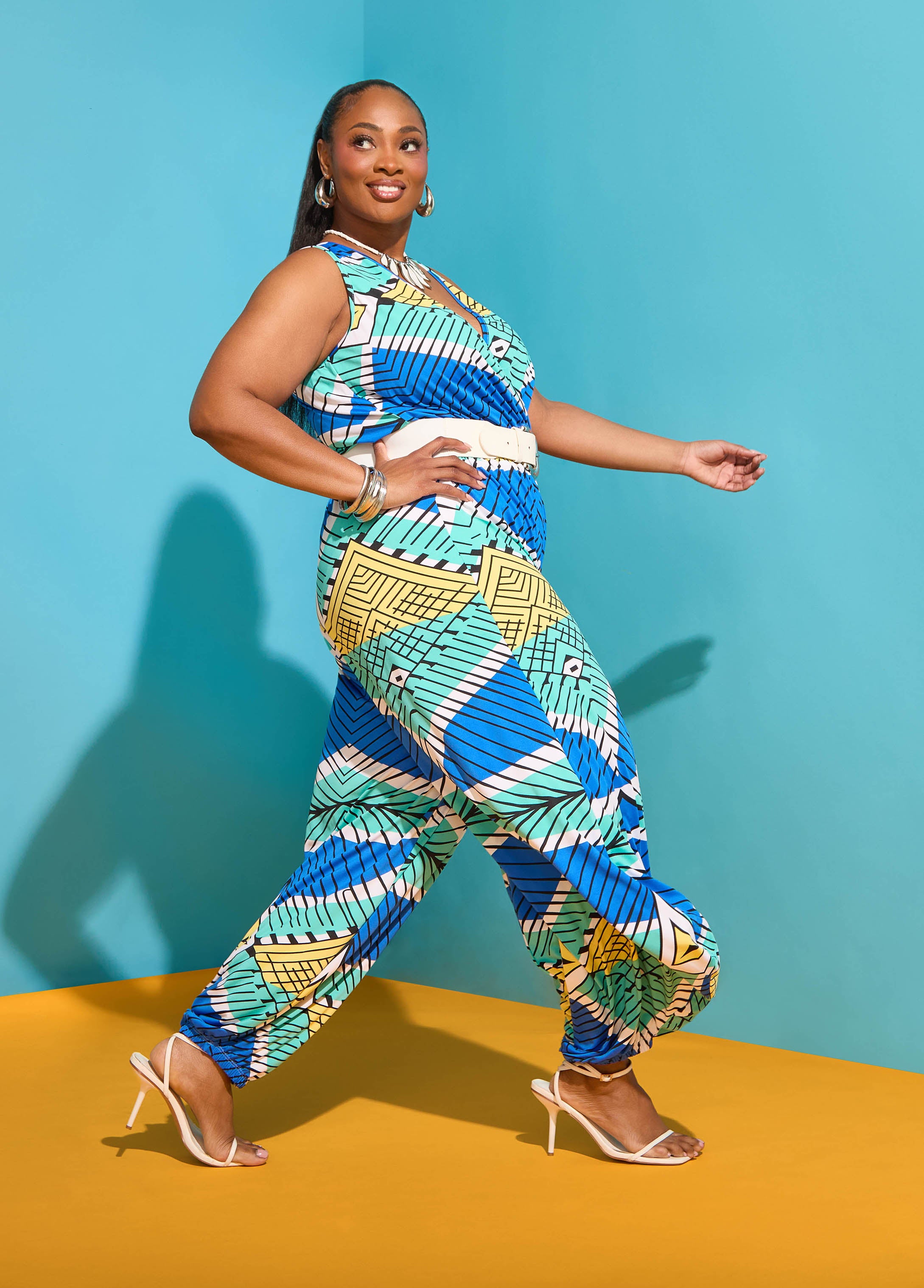 Plus Size Wrap Wide Leg Printed Jersey Knit Sleeveless Jumpsuit