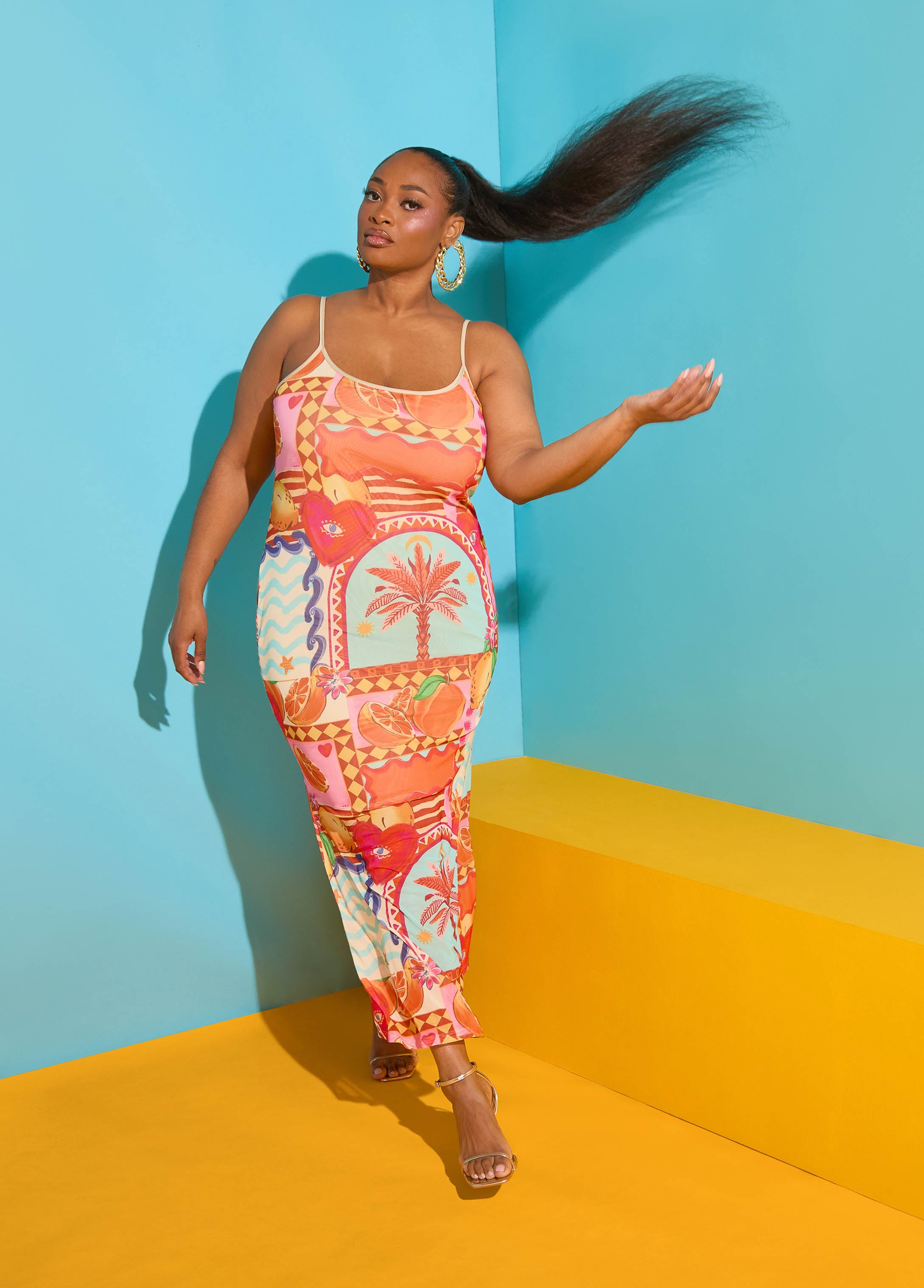 Plus Size Printed Mesh Maxi Dress Sleeveless Tank Summer Slip Dress