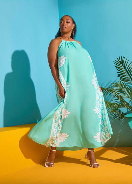 Chain Trimmed Scroll Print Dress