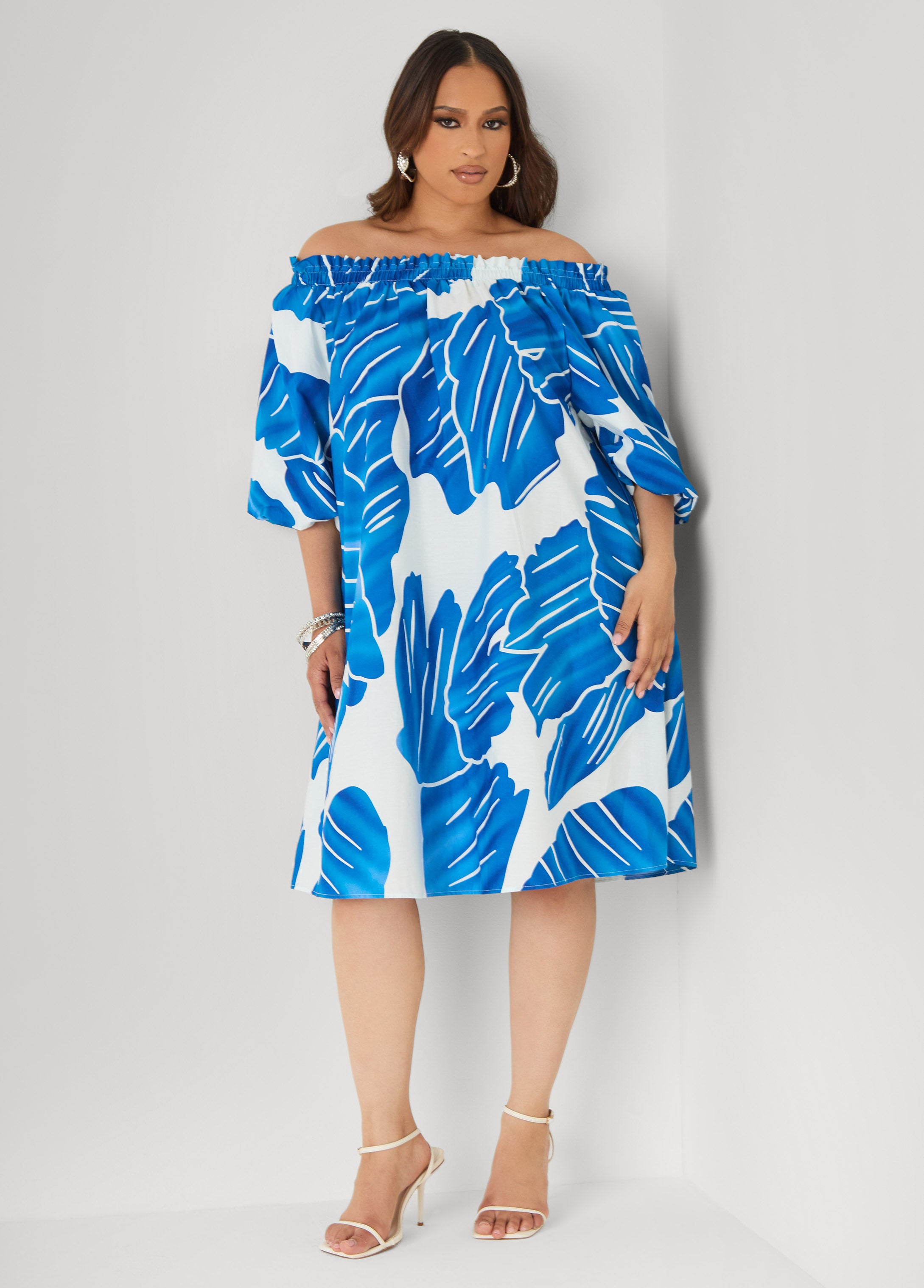 Off The Shoulder Leaf Print Dress