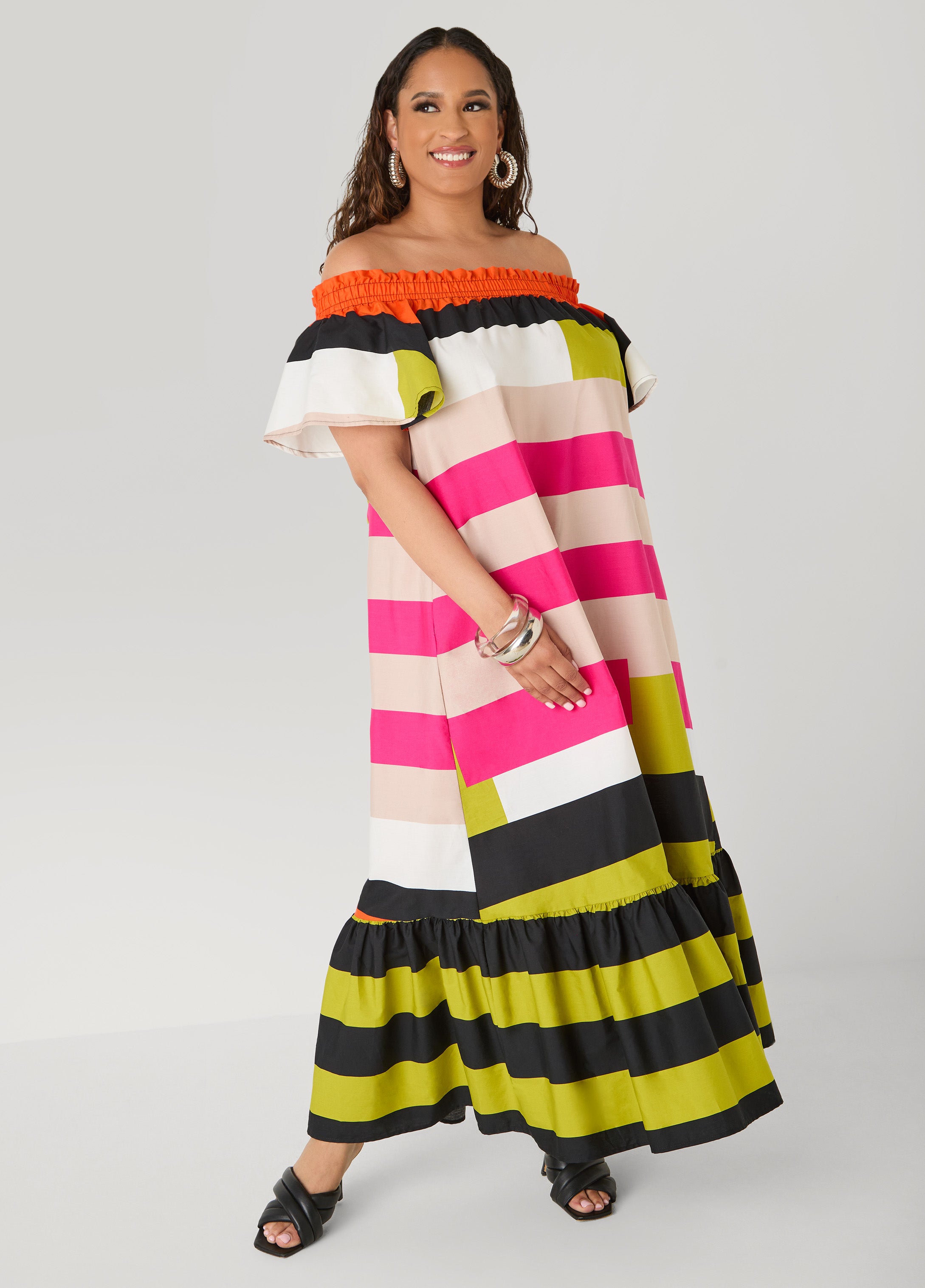 Off The Shoulder Striped Dress