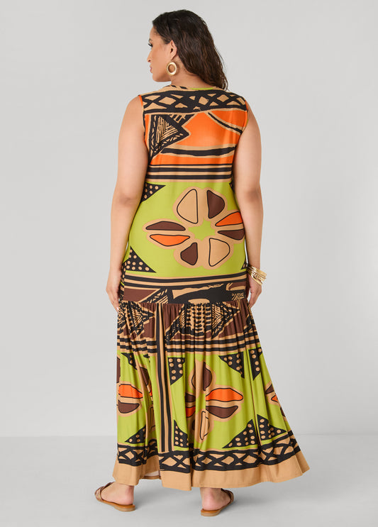 Flounced Abstract Print Maxi Dress