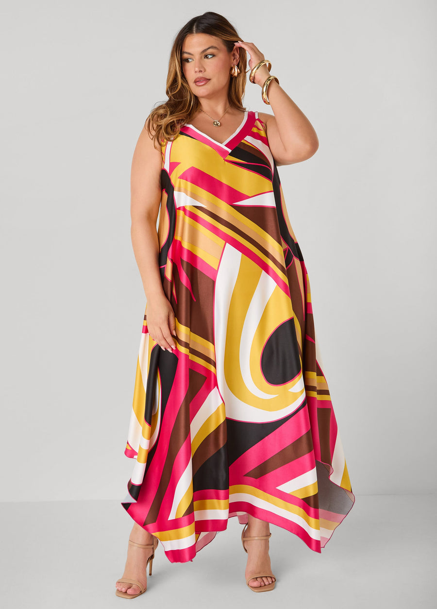 Plus Size Swirl Print Satin Maxi Dress