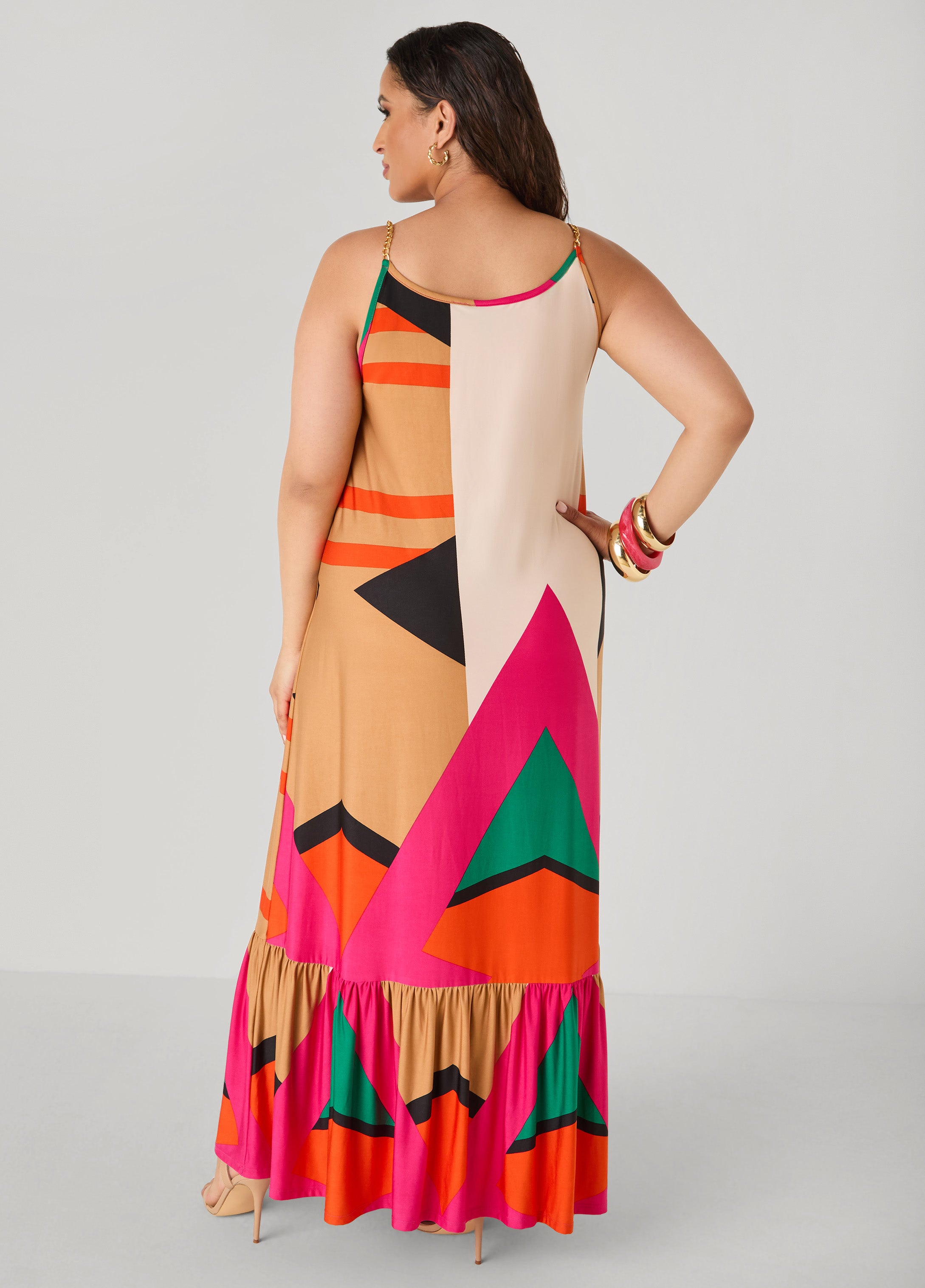 Chain Trimmed Geo Print Maxi Dress
