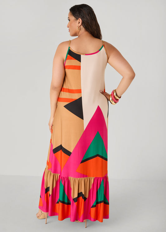Chain Trimmed Geo Print Maxi Dress