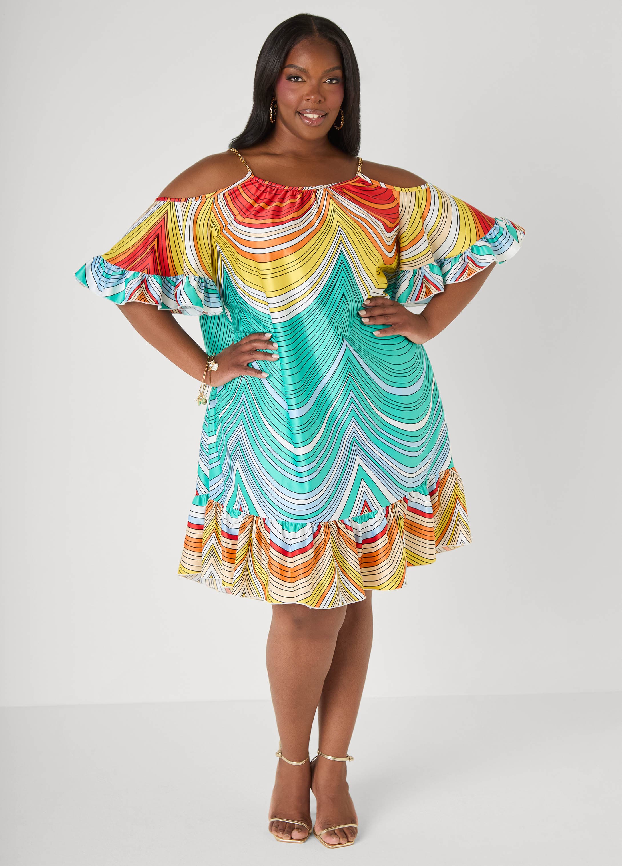 Plus Size Cold Shoulder Striped Dress, Multi, 26/28