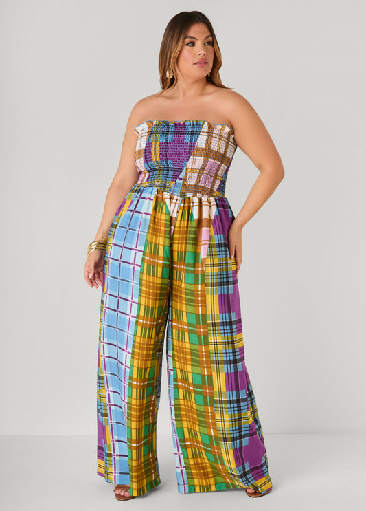 Strapless Plaid Wide Leg Jumpsuit