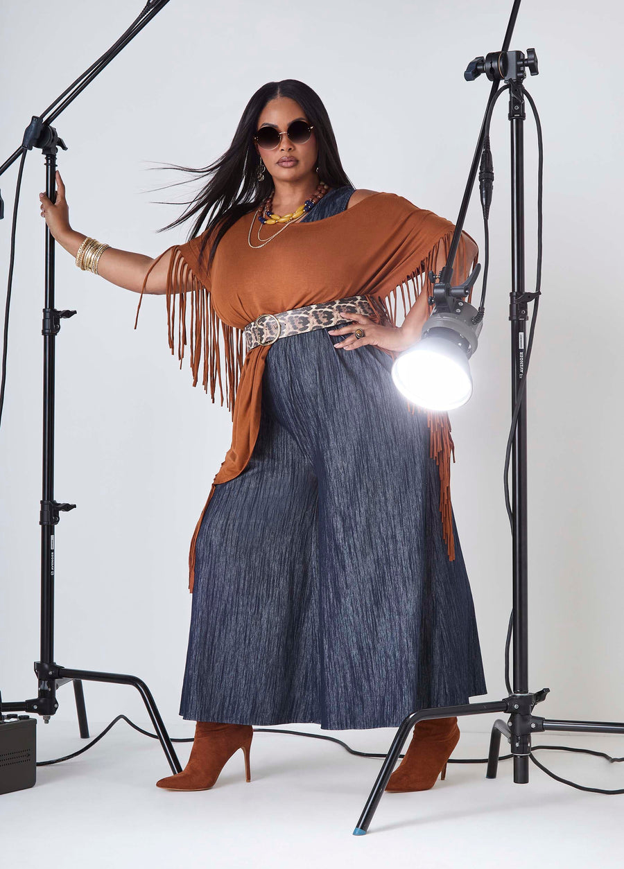 Textured Denim Wide Leg Jumpsuit
