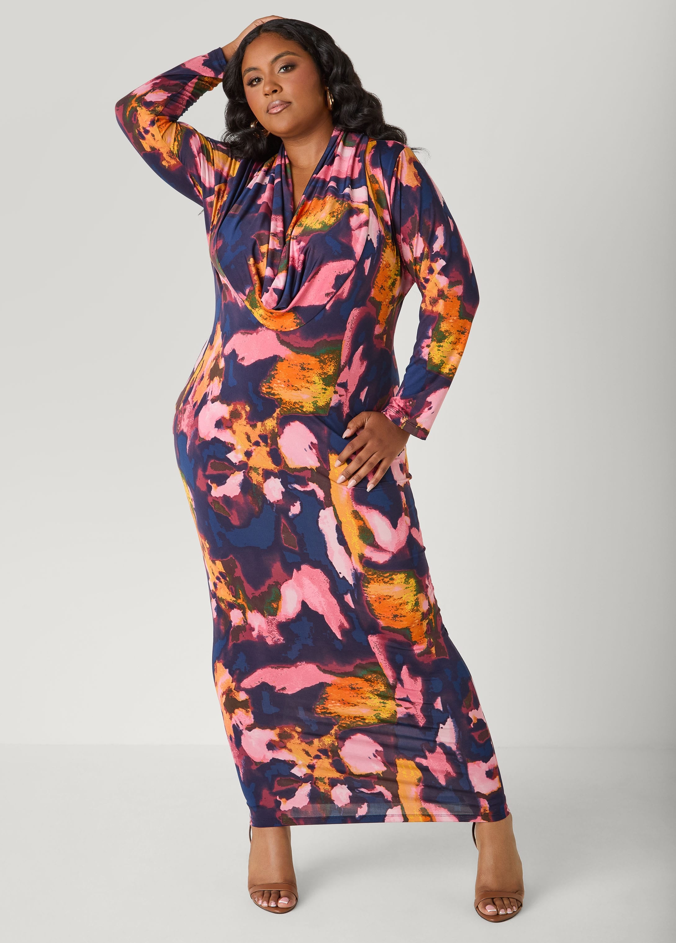 Watercolor Cowl Neck Bodycon Dress