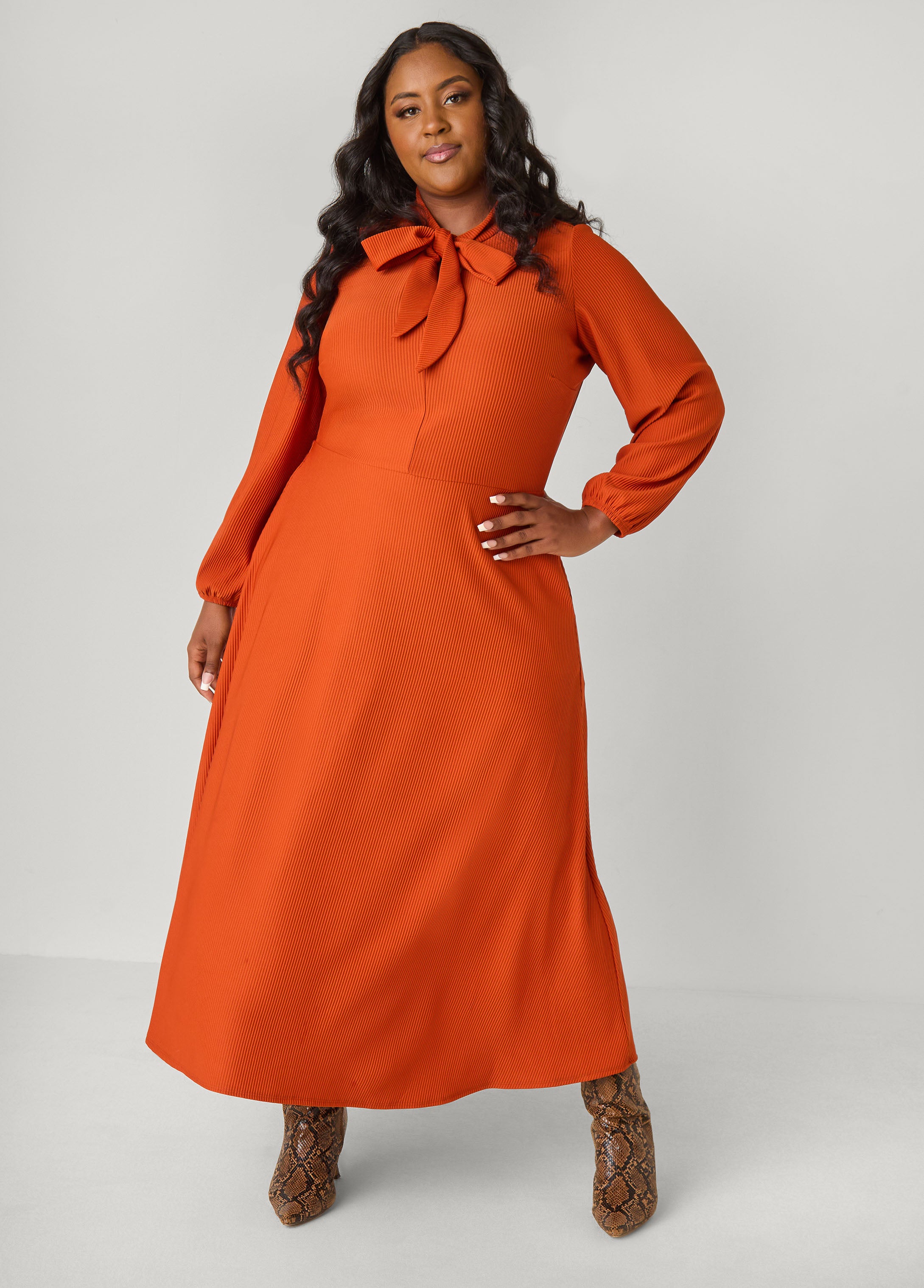 Ribbed Tie Neck A Line Dress