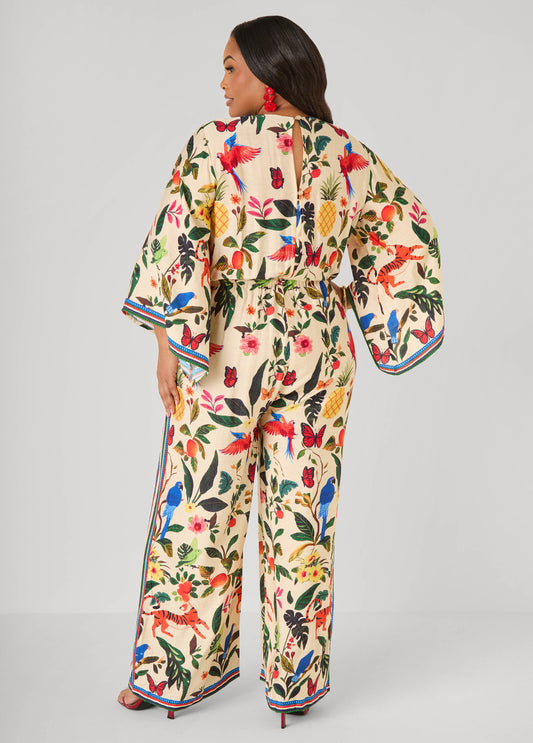 Tie Front Tropical Print Jumpsuit