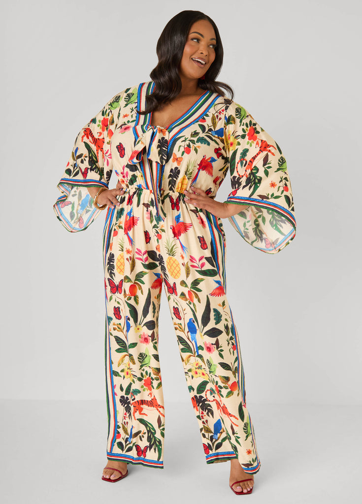 Tie Front Tropical Print Jumpsuit – Ashley Stewart