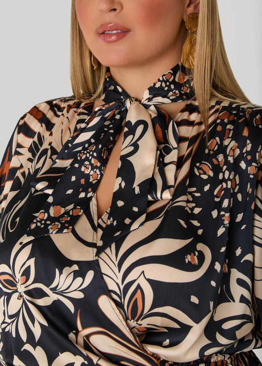 Tie Neck Floral Satin Dress