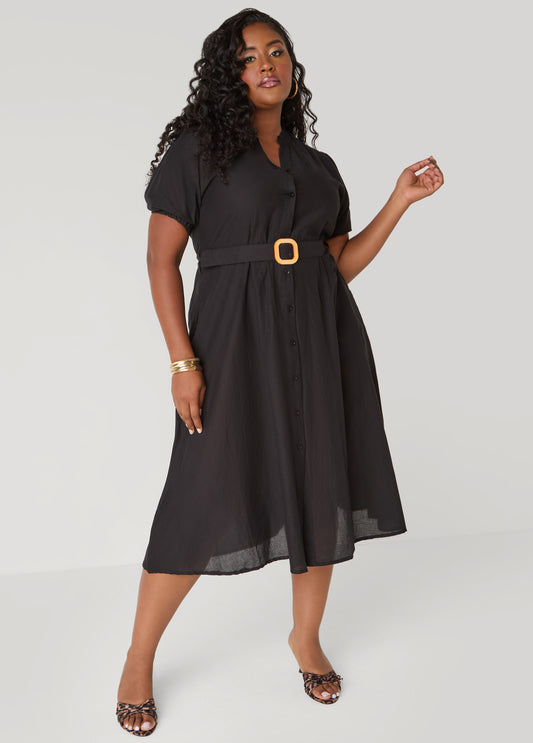 Plus Size Puff Sleeved Cotton Shirtdress