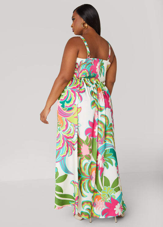 Floral Print Satin Maxi Dress