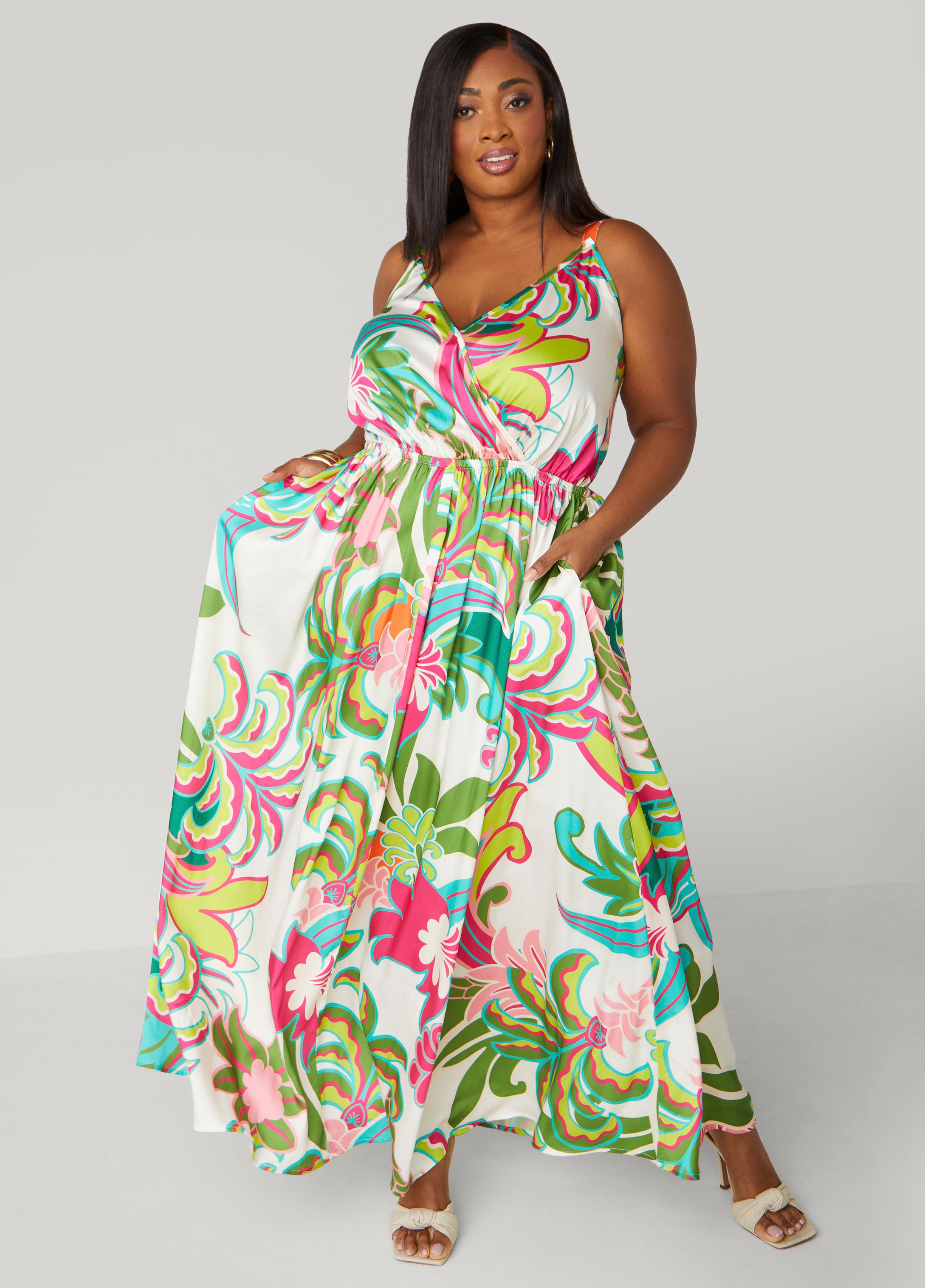 Plus Size Floral Print Satin Maxi Dress