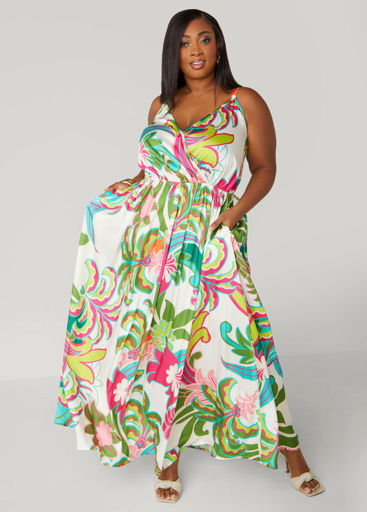 Plus Size Floral Print Satin Maxi Dress
