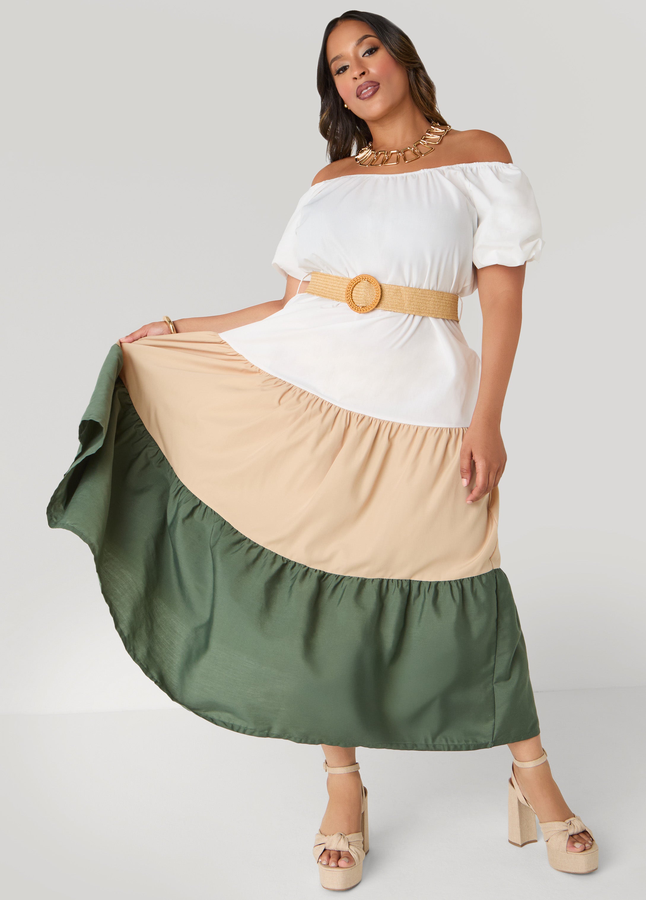 Plus Size Off The Shoulder Colorblock Dress