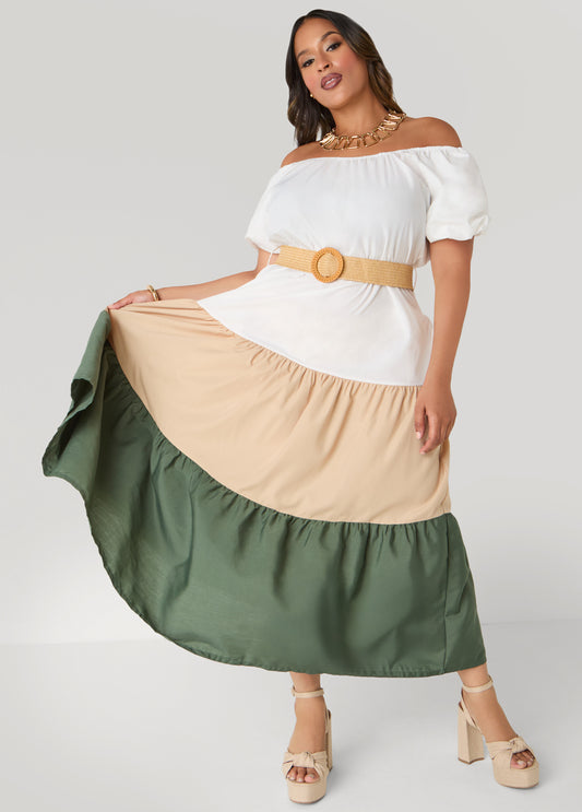 Plus Size Off The Shoulder Colorblock Dress
