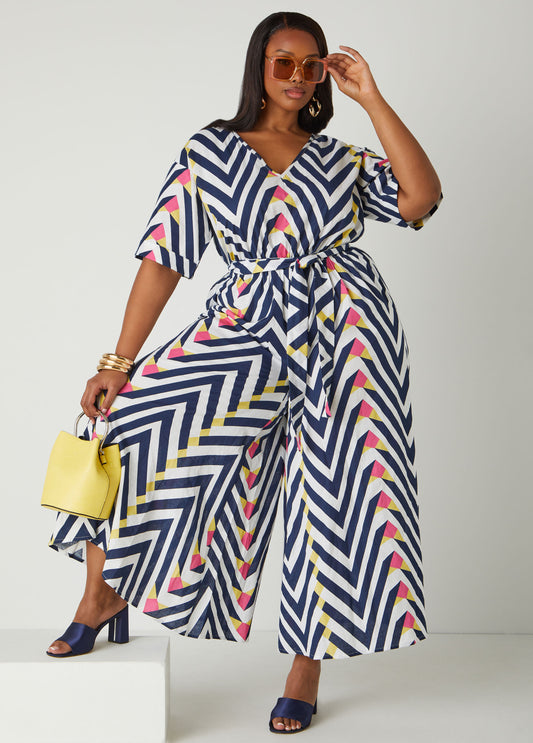 Plus Size Abstract Linen Blend Jumpsuit