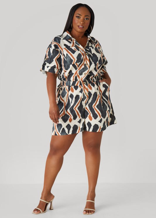 Plus Size Abstract Cotton And Linen Romper