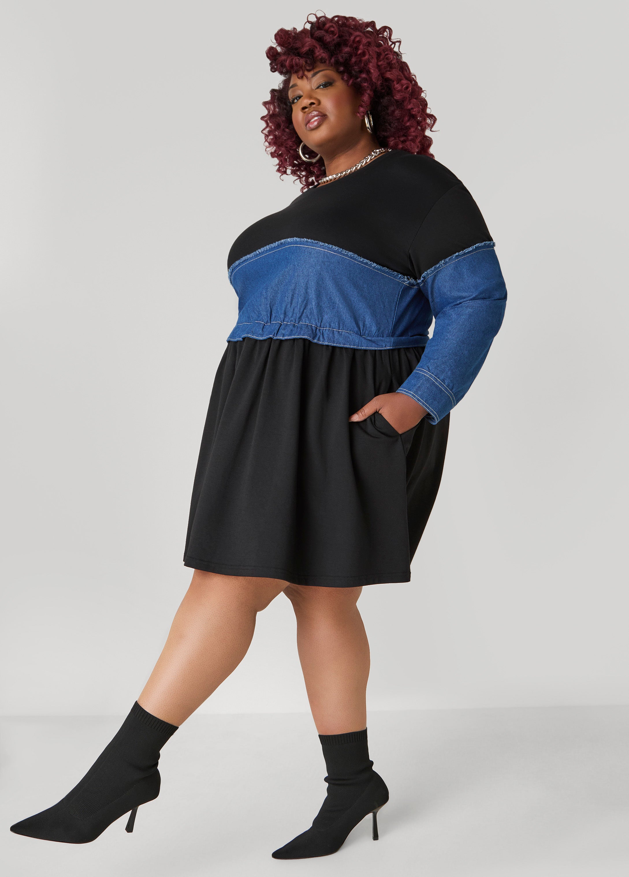 Plus Size Cotton Dress Black Terry Fit Flare Dress Athleisure Dress