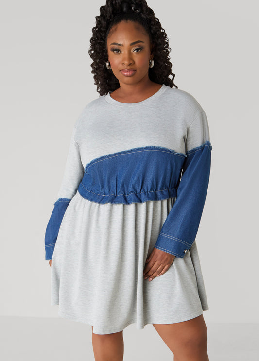 Plus Size Cotton Dress Gray Terry Fit Flare Dress Athleisure Dress