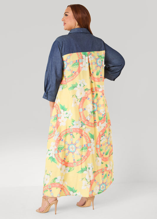 Denim Paneled Printed Shirtdress