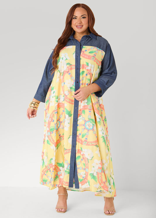 Denim Paneled Printed Shirtdress