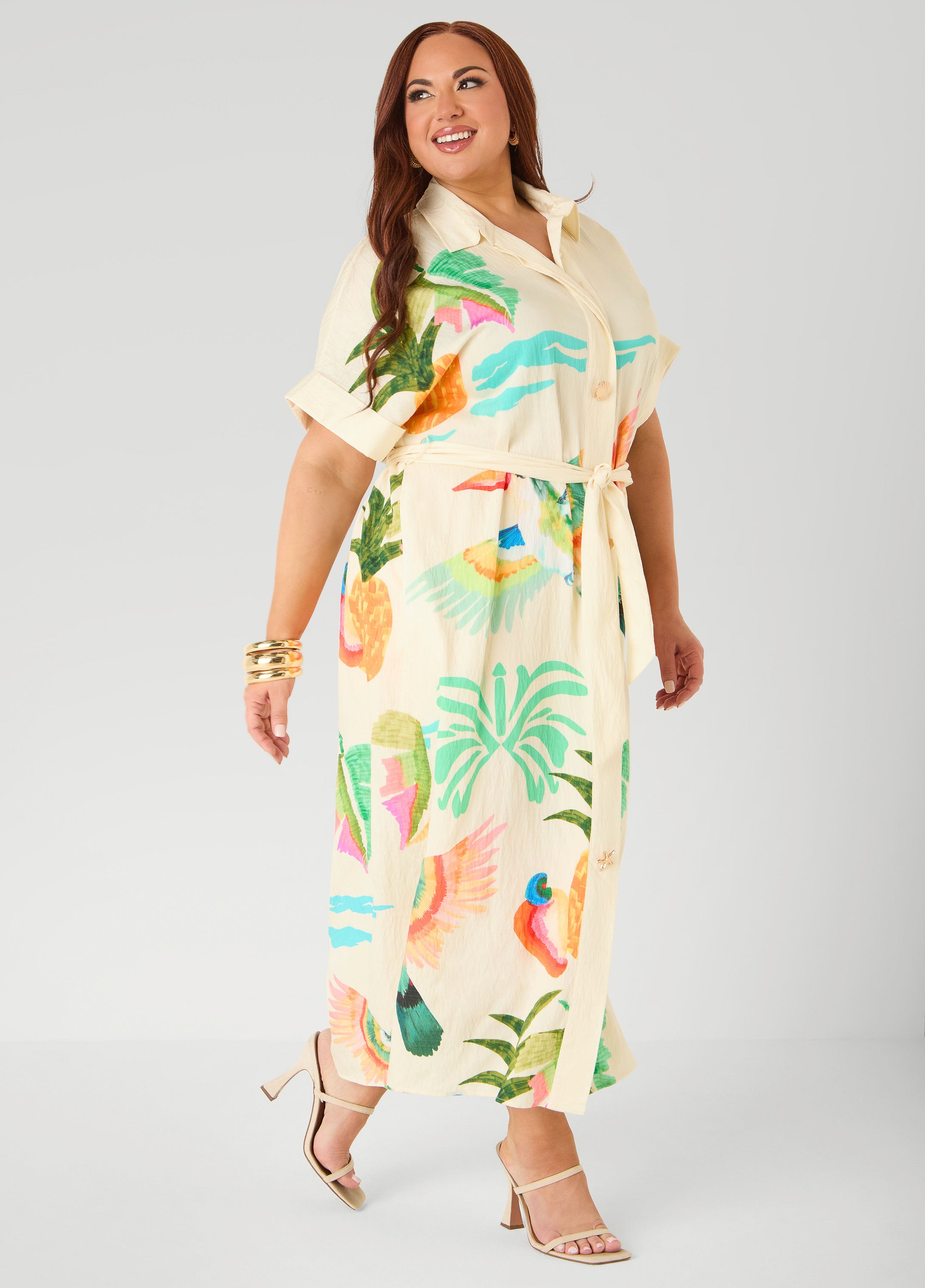 womens tropical dress Plus Size Tropical Print Maxi Shirtdress, Caribbean Sea, 22/24