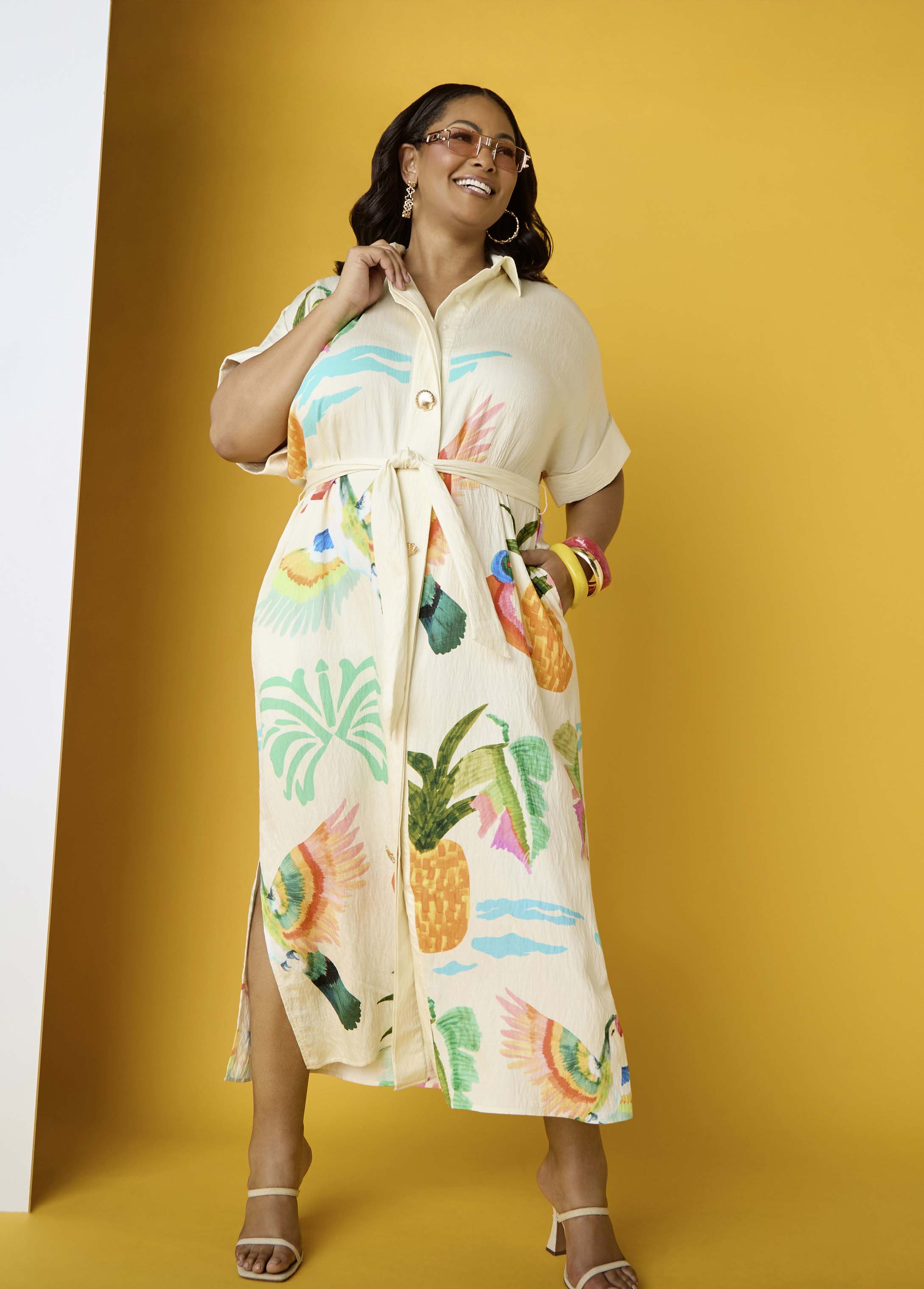Plus Size Tropical Print Flower Maxi Dress Linen Summer Shirtdress