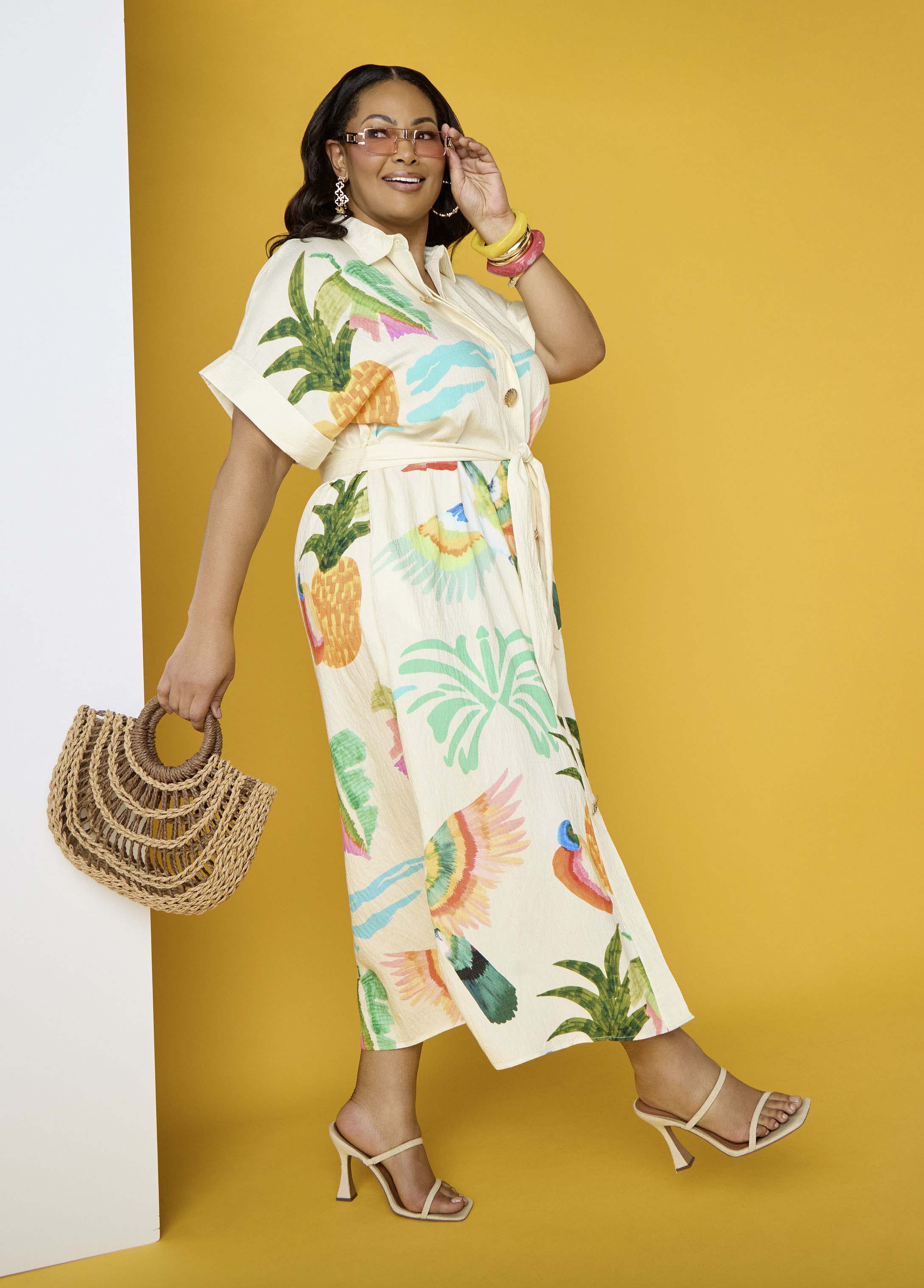 Plus Size Tropical Print Flower Maxi Dress Linen Summer Shirtdress