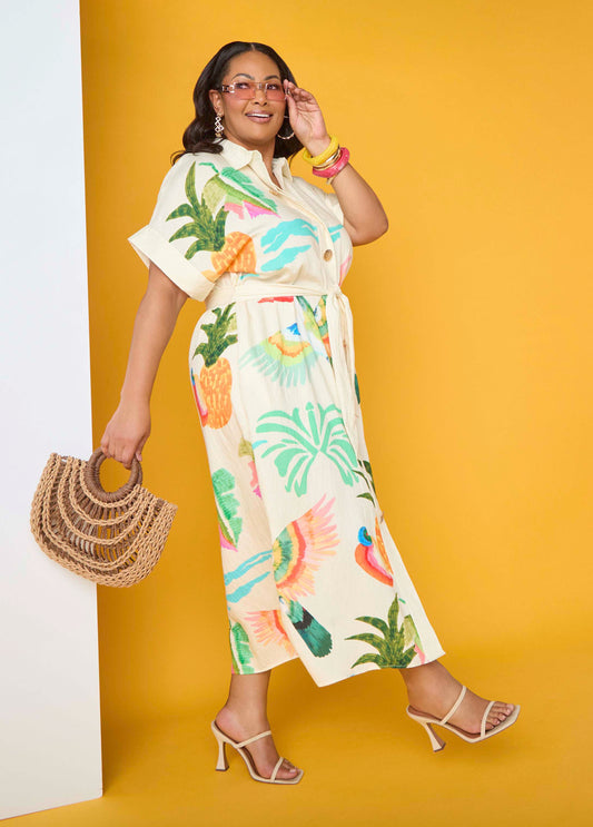 Plus Size Tropical Print Flower Maxi Dress Linen Summer Shirtdress