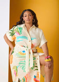 Plus Size Tropical Print Flower Maxi Dress Linen Summer Shirtdress