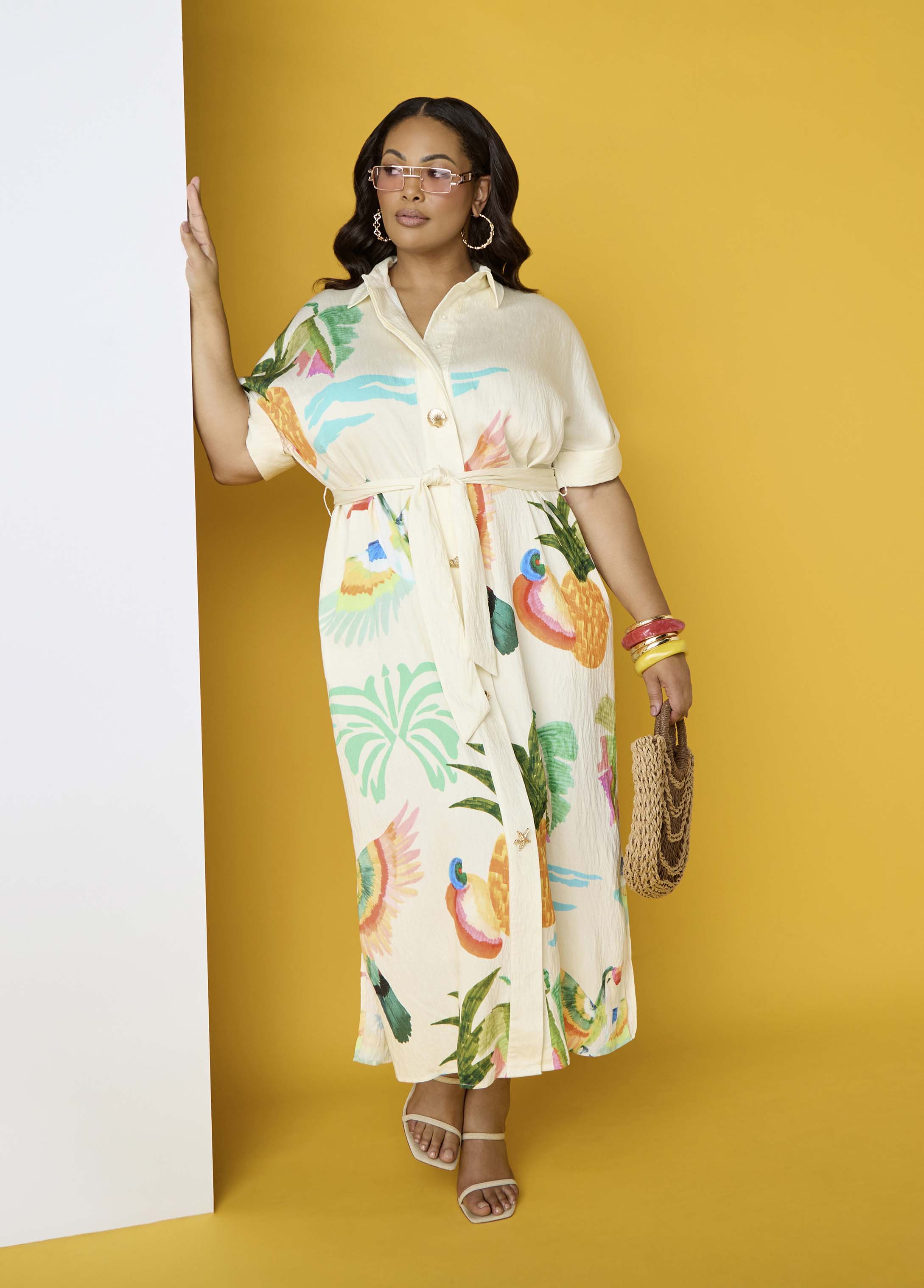 Plus Size Tropical Print Flower Maxi Dress Linen Summer Shirtdress