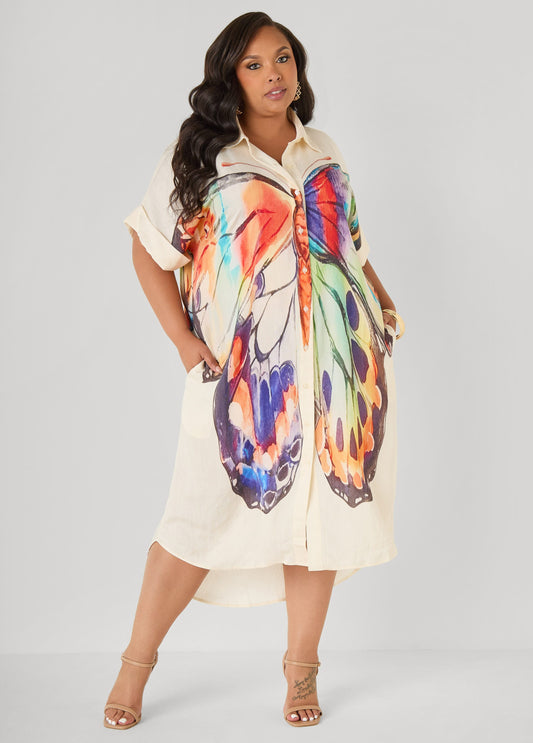 Butterfly Print Hi Low Shirtdress