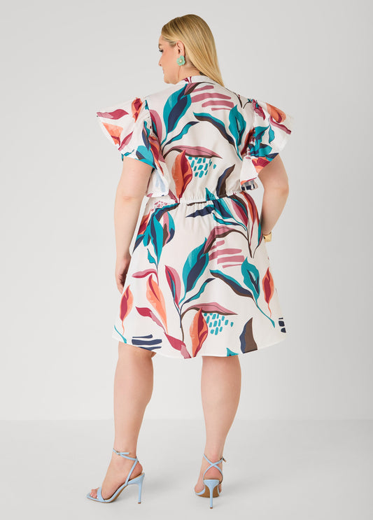 Ruffled Leaf Print Shirtdress